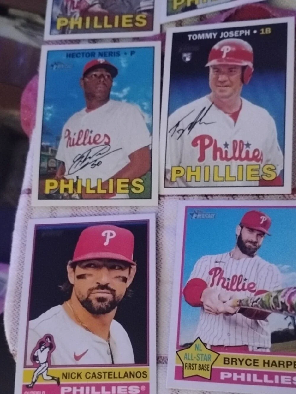Autographed(7)Phillies Baseball Trading Card Lot - Pink and Blue Vintage Style
